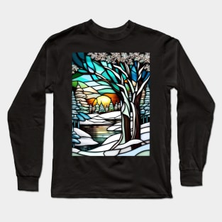 Stained Glass Snowy Winter Scenery Long Sleeve T-Shirt